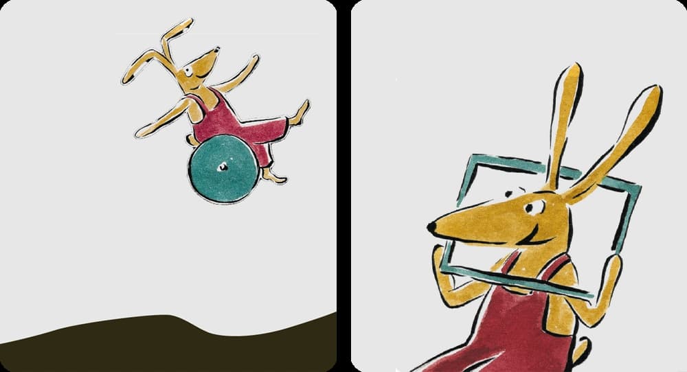 Das Bild zeigt einen Comic-Hasen, der auf dem Bild links mit seinem Rollstuhl in die Höhe springt und auf dem Bild rechts einen Bilderrahmen an seinen Kopf hält. 