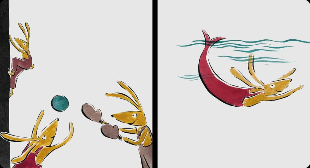 Ein Comic zeigt Hasen beim Sport. Sie klettern, spielen Ball und schwimmen.