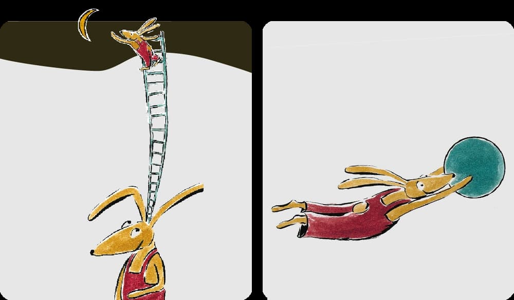 Ein gezeichneter Hase klettert eine Leiter hoch bis zum Mond (Bild links) und fliegt durch die Luft (Bild rechts).