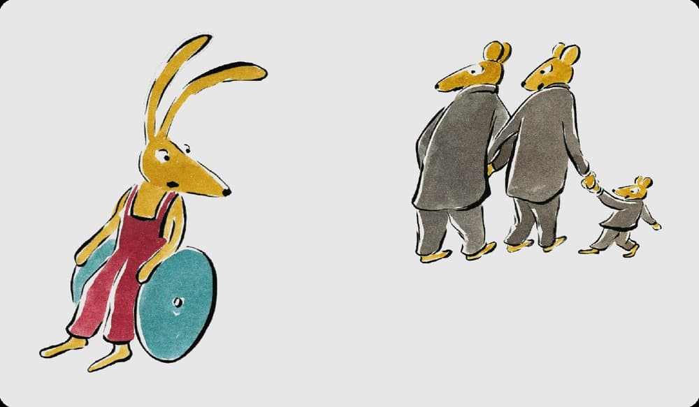 Ein Comic zeigt einen Hasen, der im Rollstuhl sitzt und eine dreiköpfige Hasenfamilie, die ihn anschaut.