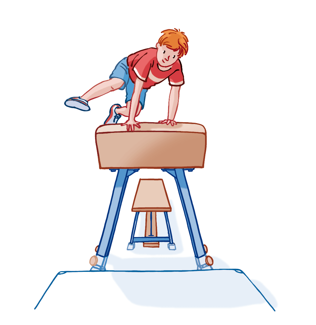 Eine Illustration, ein Kind springt über einen Bock.