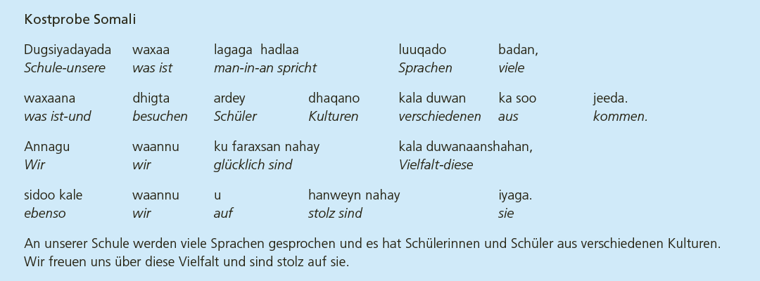 Kostprobe somalische Sprache, bestehend aus den folgenden zwei Sätzen auf Somali: An unserer Schule werden viele Sprachen gesprochen und es hat Schülerinnen und Schüler aus verschiedenen Kulturen. Wir freuen uns über diese Vielfalt und sind stolz auf sie.