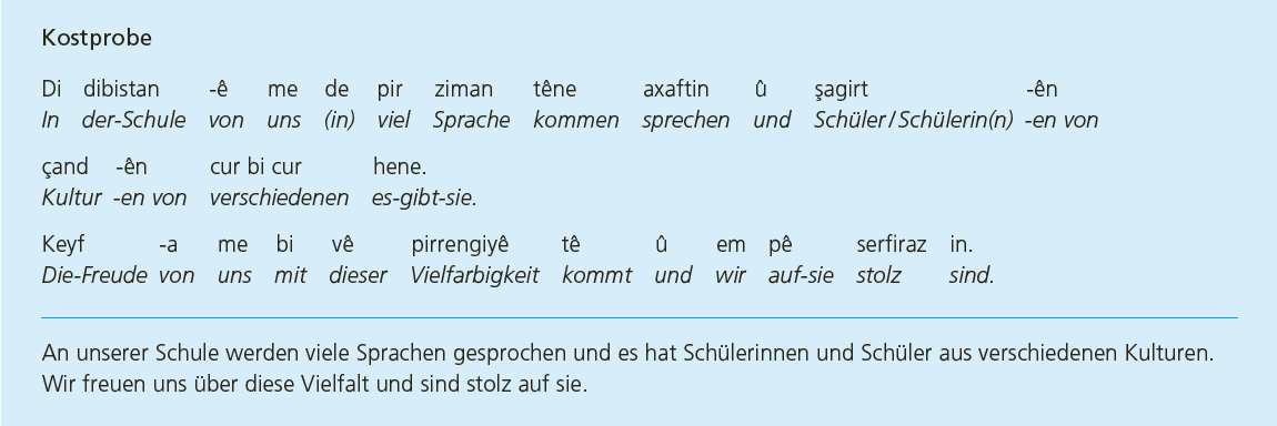 Eine Kostprobe der kurdischen Sprache, ein Satz steht auf Kurdisch und ist Wort für Wort ins Deutsche übersetzt.