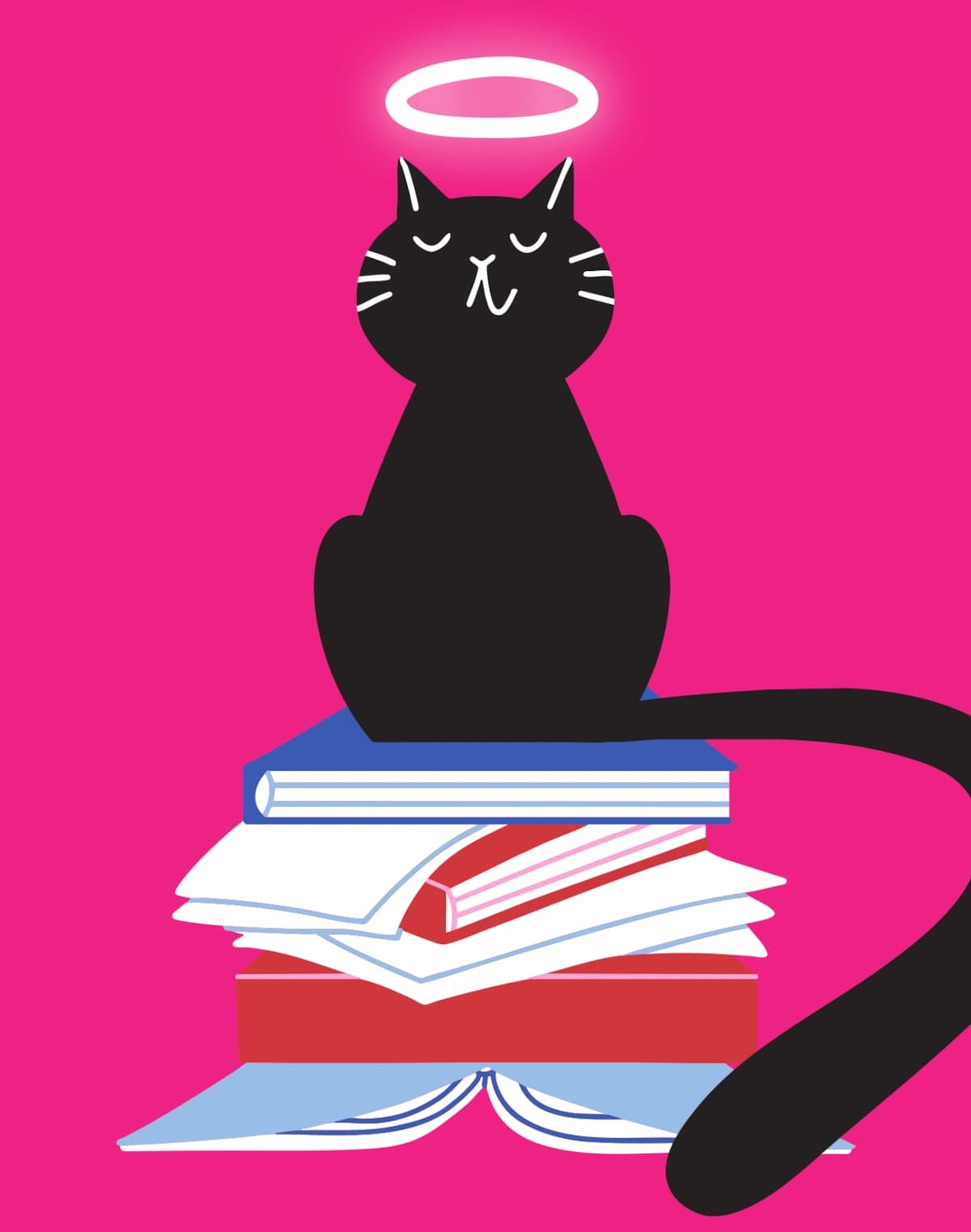 Eine gezeichnete schwarze Katze mit einem Heiligenschein sitzt auf einem Bücherstapel. Pinker Hintergrund.