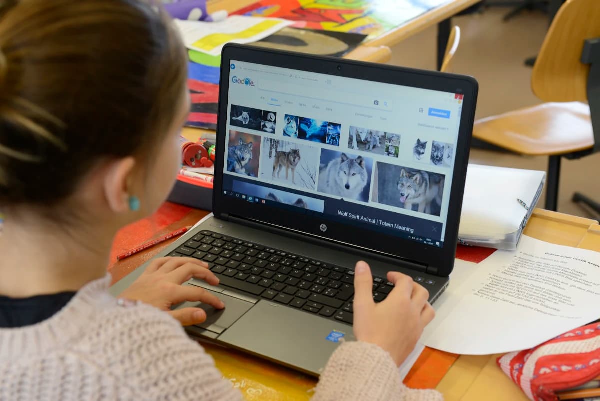 Ein Mädchen sitzt vor einem Laptop, sie ist seitlich von hinten zu sehen. Auf dem Laptop ist eine Bildersuche zu sehen, mit verschiedenen Fotos von Wölfen.