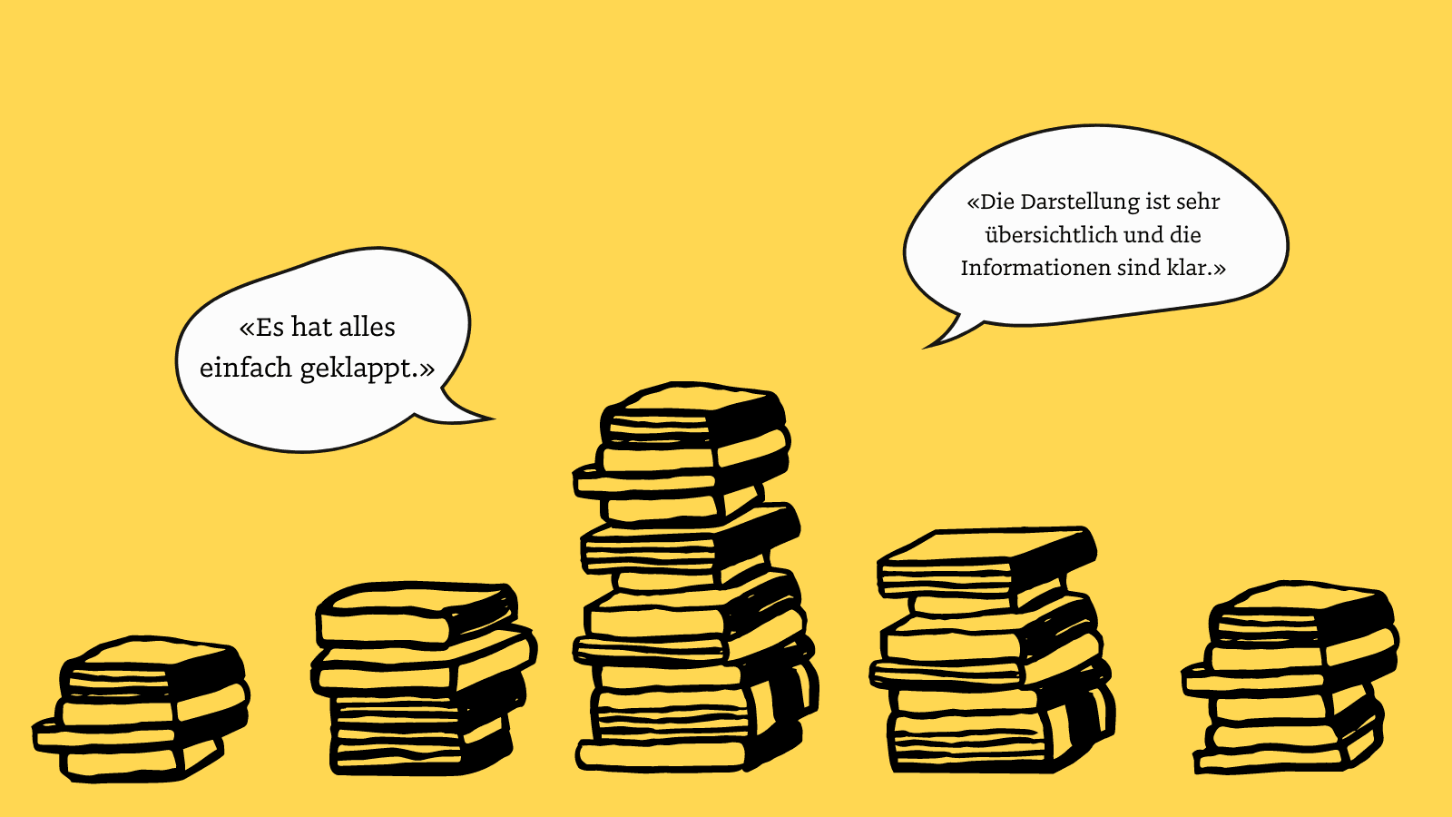 Ein gelber Bild mit einem gezeichneten Bücherstapel und Sprechblasen.