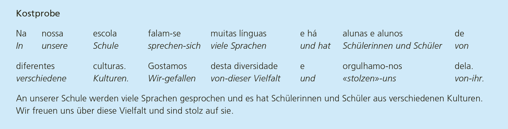 Kostprobe Portugiesisch, bestehend aus den folgenden zwei Sätzen: An unserer Schule werden viele Sprachen gesprochen und es hat Schülerinnen und Schüler aus verschiedenen Kulturen. Wir freuen uns über diese Vielfalt und sind stolz auf sie.