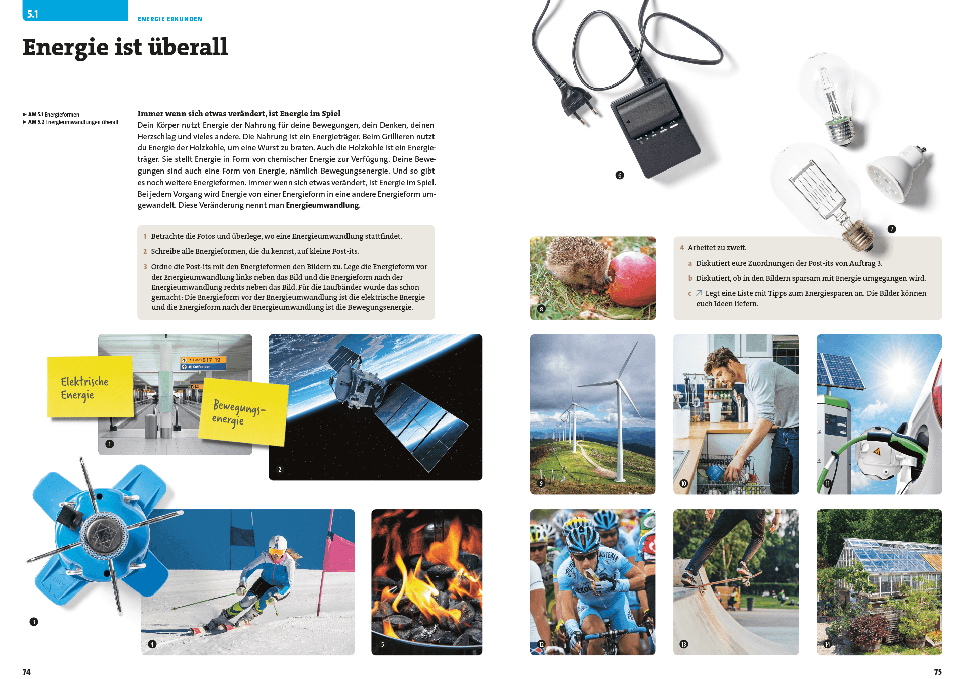 Eine Doppelseite in einem Schulbuch mit Bildern von elektronischen Geräten, Feuer, Windturbinen, Sportlern.