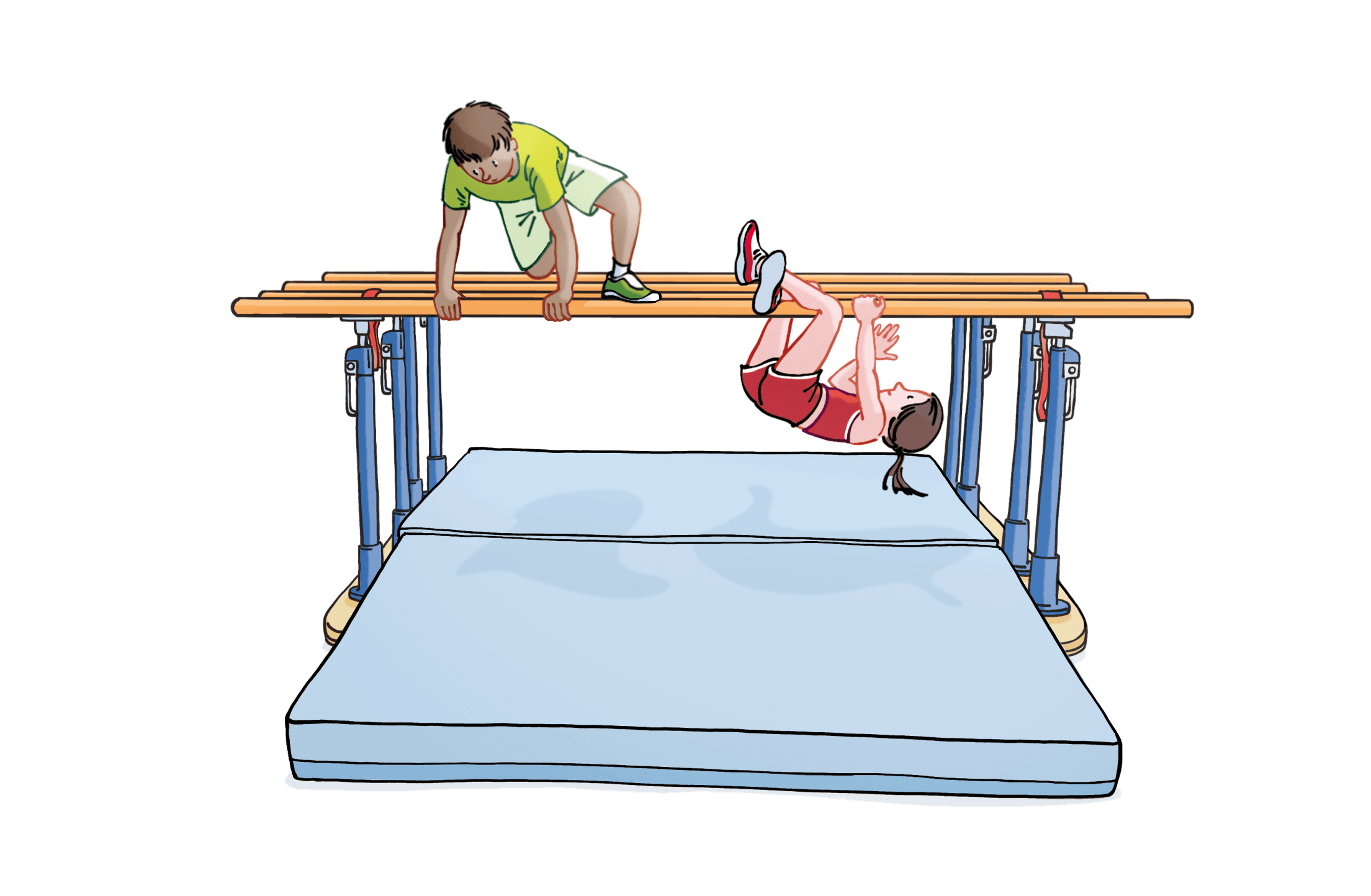 Eine Illustration, zwei Kinder turnen am Barren.