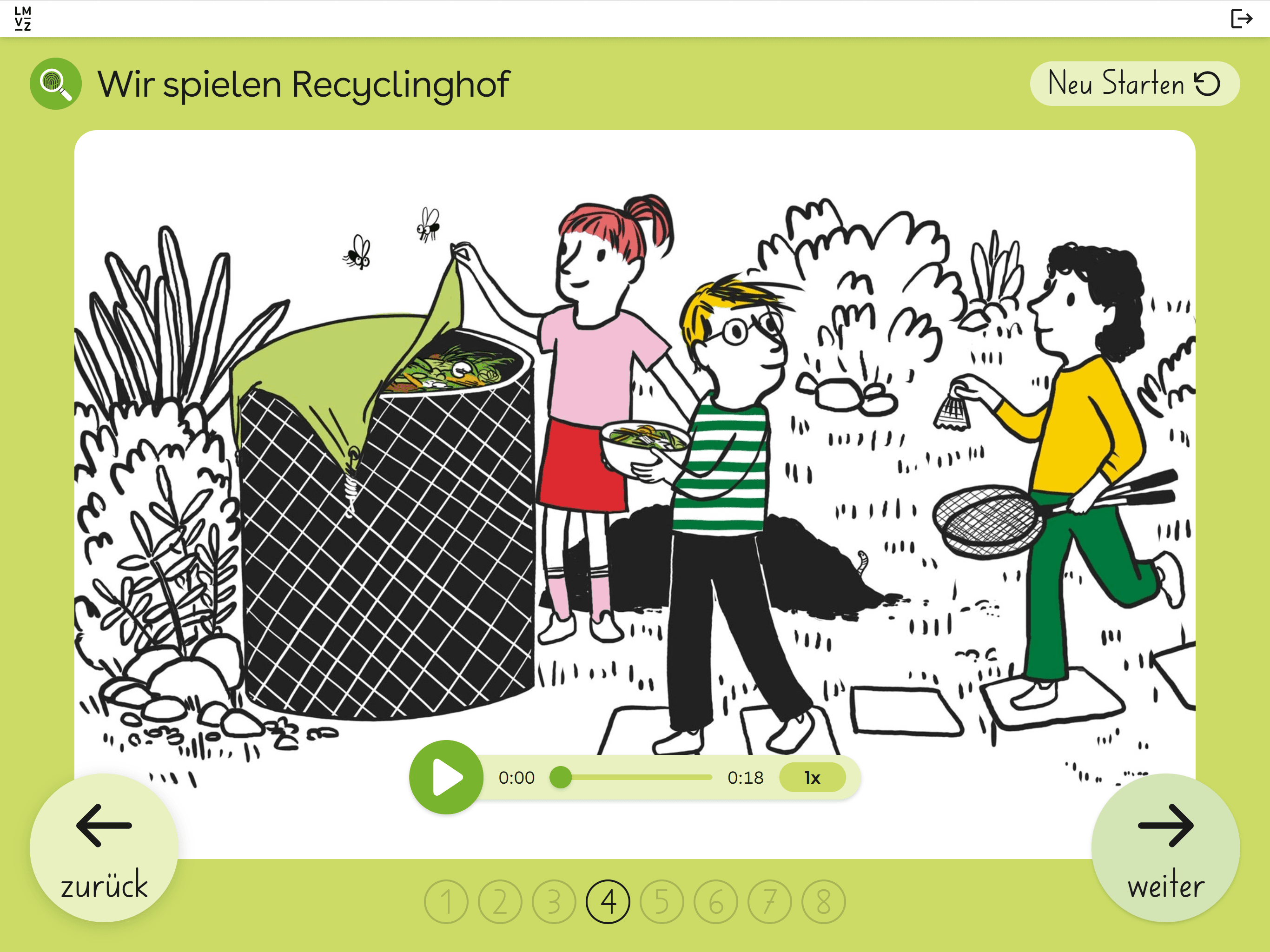 Farbige Illustration von Kindern an einem Komposthaufen