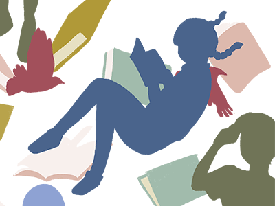 Eine farbige Illustration zeigt ein Kind, das ein Buch liest. Es ist umgeben von farbigen Büchern.