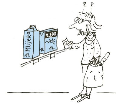 Eine Illustration zeigt eine Frau, die vor Milchpackungen steht. Die Milchpackungen sind je mit Mijeko und Mleko angeschrieben. Die Frau hat Fragezeigen über ihrem Kopf.