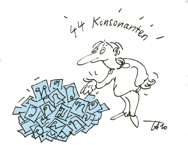 Eine Figur, die vor einem grossen Haufen von thailändischen Konsonanten steht und verwirrt aussieht.