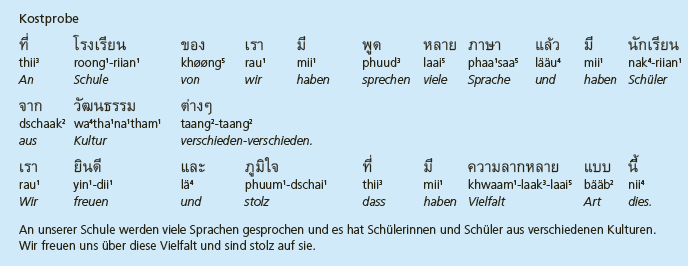 Tabelle aus: «Deine Sprache – meine Sprache». Darin wird ein Beispielsatz der Fremdsprache gezeigt und Wort für Wort ins Deutsche übersetzt.