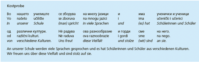 Aus: «Deine Sprache – meine Sprache». In der Tabelle wird ein Beispielsatz auf Mazedonisch gezeigt und Wort für Wort ins Deutsche übersetzt.