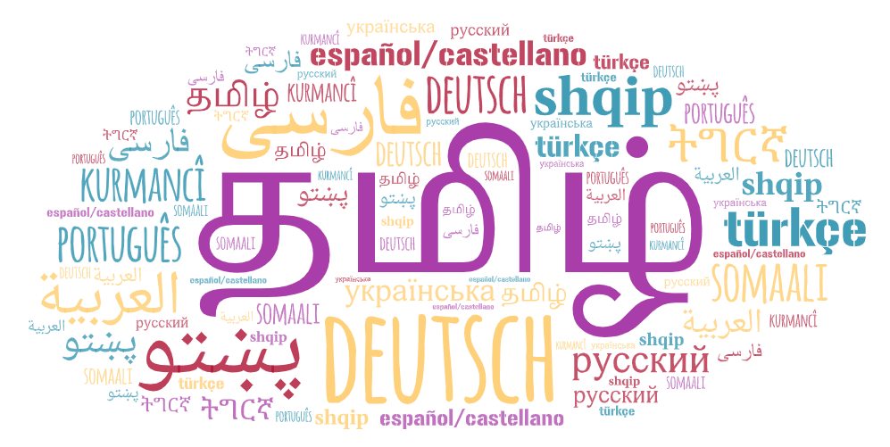 Das Bild zeigt eine Wortwolke mit verschiedenen Sprachen. Die Namen der Sprache sind dabei in der jeweiligen Sprache und Schrift geschrieben.