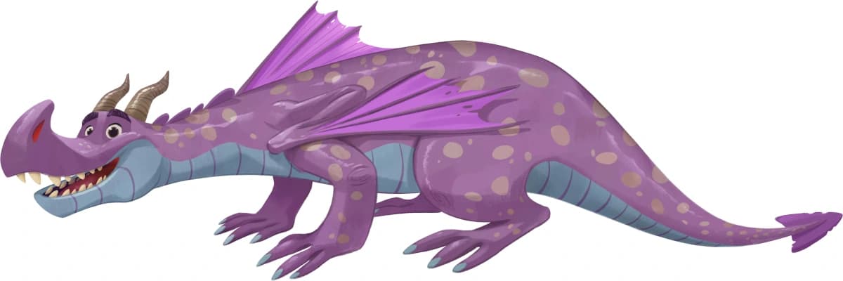 Ein gezeichneter violetter Drache, der freundlich blickt.