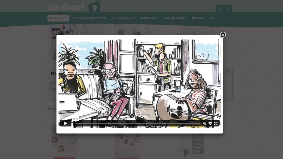 Ein Bild eines Bildschirms, auf dem ein Video läuft, das im Comicstil gezeichnete Menschen zeigt.