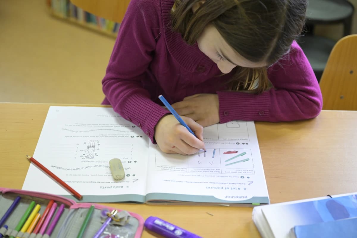 Ein Kind mit violettem Pullover und braunen, langen Haaren schreibt mit einem blauen Stift in ein Arbeitsheft.