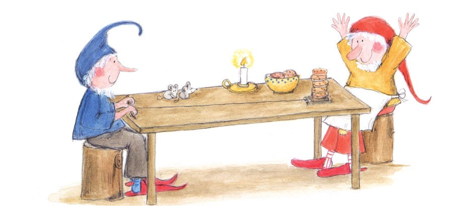Zwei Zwerge sitzen am Tisch und spielen mit Keksen (Illustration)