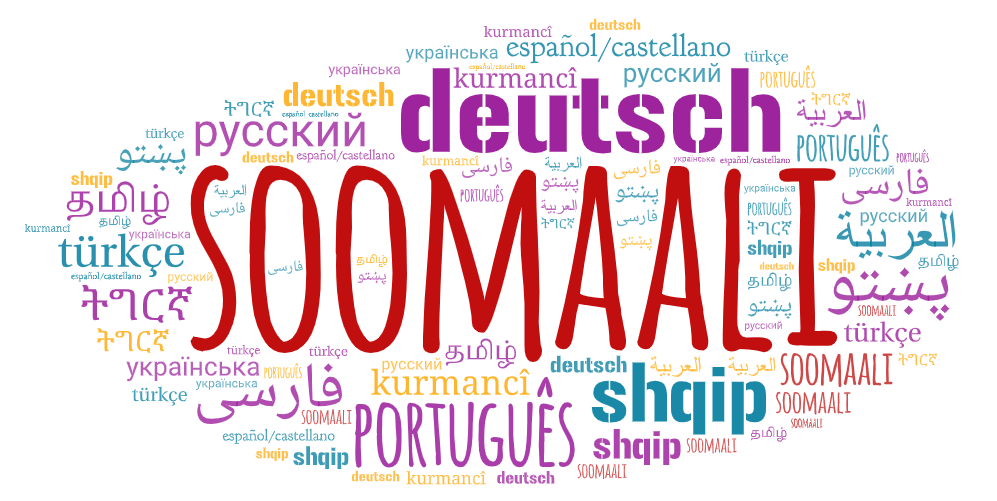 Wortwolke mit den Sprachen der Serie und der Sprache Somali im Fokus (farblich hervorgehoben)